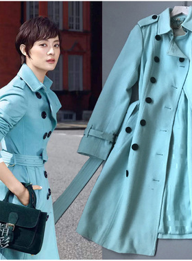 欧美西装领双排扣修身型剪裁浅灰浅兰纯色系带纯羊毛中长款女大衣