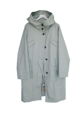 韩国薄荷绿全棉连帽休闲长袖拉链系带收腰女士中长款风衣外套