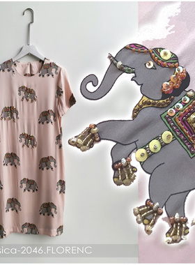 粉红色重磅真丝亮片钉珠吉祥大象印花圆领短袖直筒显瘦甜美连衣裙