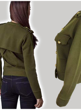 英伦风军绿色低圆领单排金扣高端羊毛羊绒女针织短款军装夹克外套