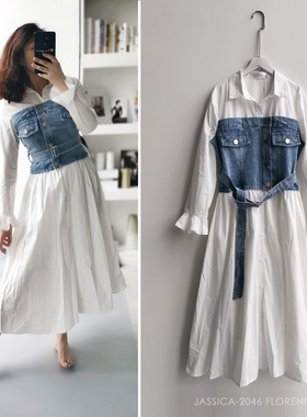 白色纯棉拼牛仔布长袖荷叶边装饰系带修身阳光帅气通勤女长衬衫裙