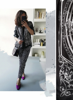 黑白12星座相盘印花18姆米真丝斜纹绸女宽松长袖大码衬衫单层不透