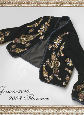 复古华丽印度手工刺绣钉珠贴片鸢尾花黑色丝绒圆领长袖短款女外套