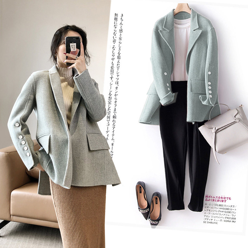 浅豆绿色西装领双面呢中长款纯手工开襟无扣修身通勤女短大衣外套