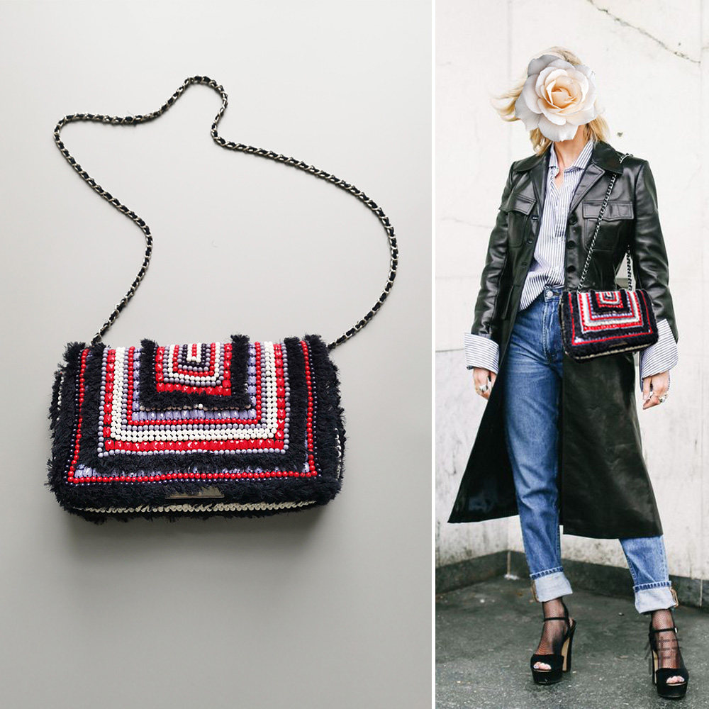 欧美红白蓝珠串小香风流苏毛边女士休闲百搭长链条磁扣斜跨包