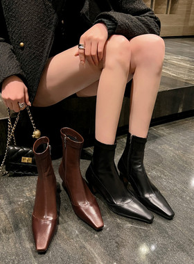 【啊双ASFO】小方头粗跟气质弹力短靴  2939