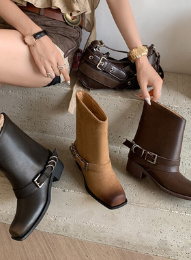 【英·为你】做旧复古烟筒裤管靴马丁靴子西部方头真皮金属扣短靴