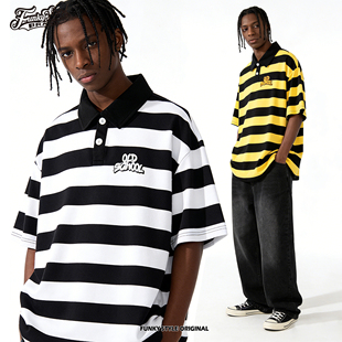 FUNKYSTYLE原创FUNK复古嘻哈美式LOCKING宽松条纹纯棉短袖T恤POLO