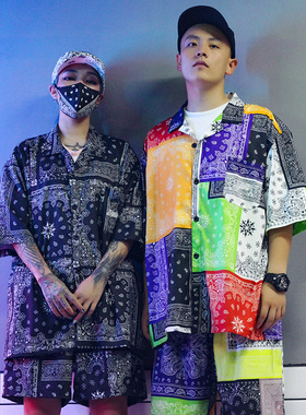 FunkyStyle原创新说唱西海岸满腰果花衬衫短裤套装hiphop男女宽松