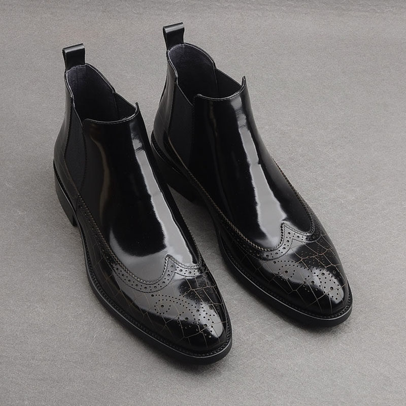 高帮冬季短靴英伦布洛克真皮加绒低帮切尔西靴男靴子亮皮马丁靴男