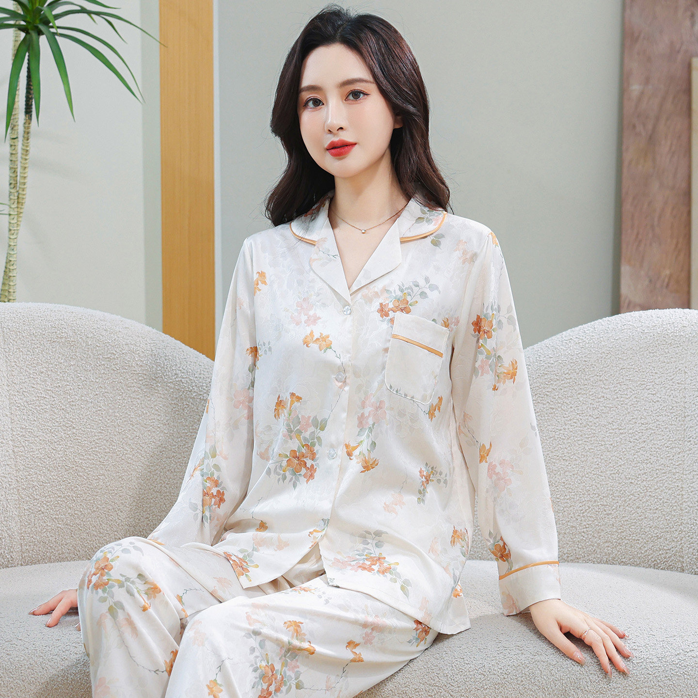 真丝睡衣女长袖春夏款印花冰丝杭州丝绸翻领两件套家居服