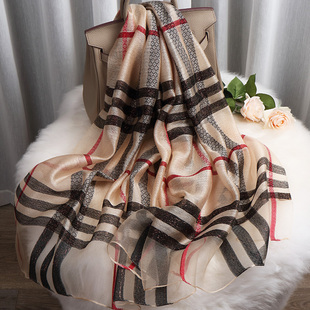 真丝围巾女羊毛金线巴宝格子英伦风薄款长款百搭桑蚕丝粉红色丝巾