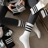 薄款 搭配鲨鱼裤 袜子女夏季 条纹ins潮黑色白色外穿学生运动长袜