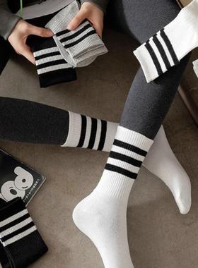 搭配鲨鱼裤的袜子女夏季薄款条纹ins潮黑色白色外穿学生运动长袜