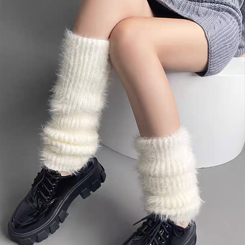 水貂绒堆堆袜套女秋冬款加绒加厚白色小腿袜y2k冬天保暖毛绒腿套
