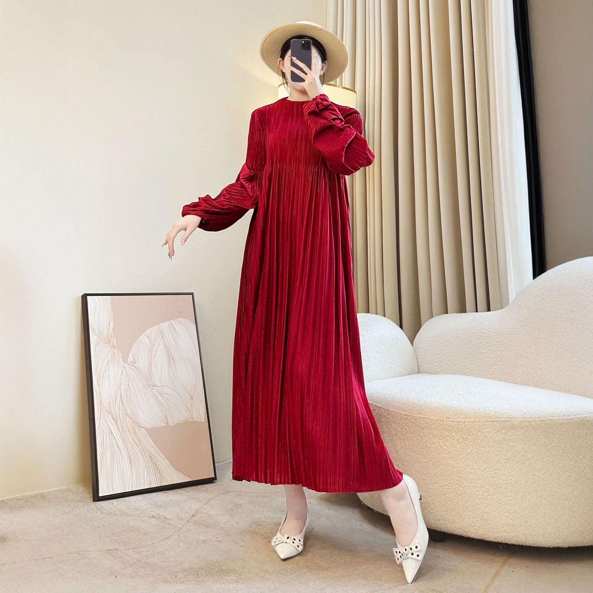 压褶长袖连衣裙秋冬妈妈婚宴礼服