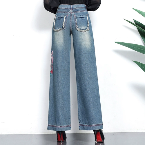 Этнические джинсы, джинсовые штаны, европейский стиль, этнический стиль, высокая талия, свободный крой, с вышивкой