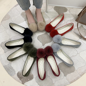 大码 2025新款 女绒面浅口平底豆豆鞋 瓢鞋 秋冬韩版 方头网红毛球单鞋