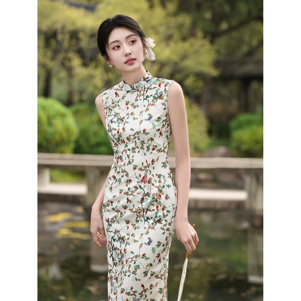 织造局夏季绿色旗袍气质显瘦少女改良日常可穿小个子碎花修身连衣
