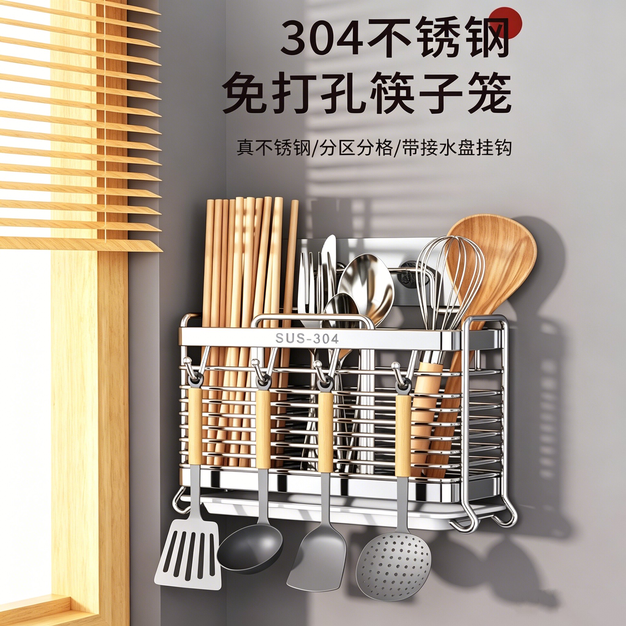 日本筷子筒壁挂置物架厨房筷子笼刀叉勺餐具家用304不锈钢收纳盒