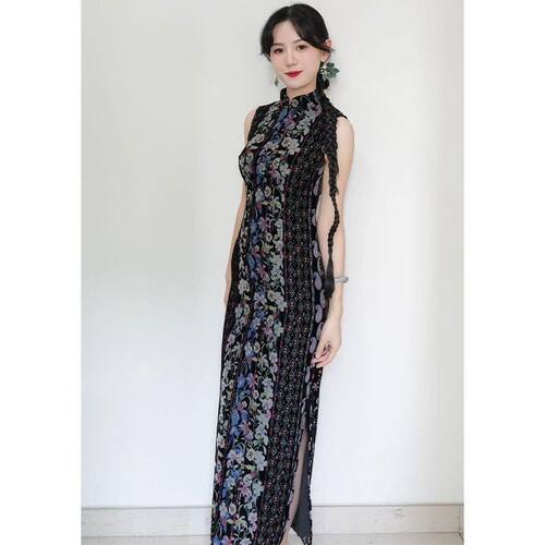 织造局夏季气质御姐复古无袖旗袍长裙女高级感收腰显瘦花卉印花连