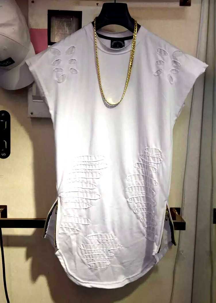 夏季bf风破洞潮流纯棉短袖无袖t恤潮男韩版青少年纯色MEN T SHIRT