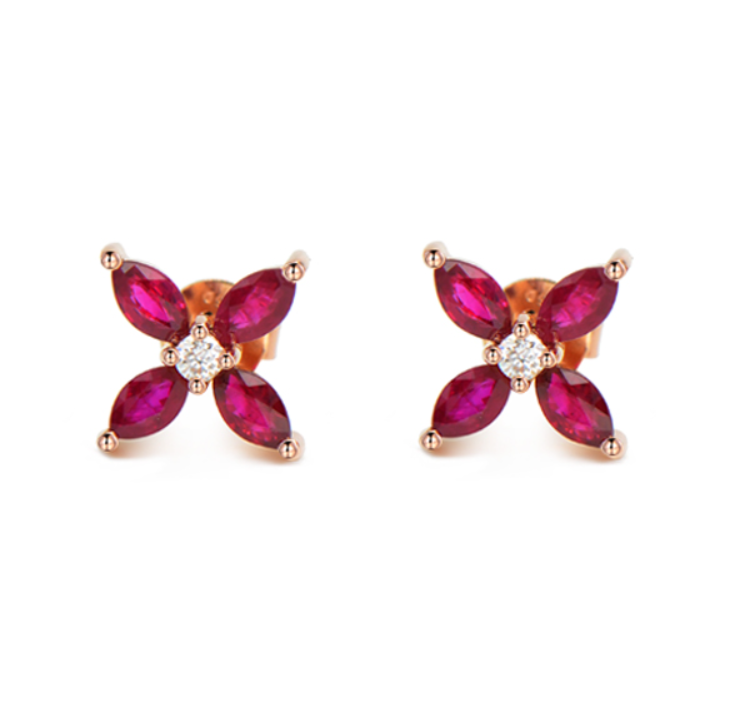 天然红宝钻石耳钉花朵四叶草
