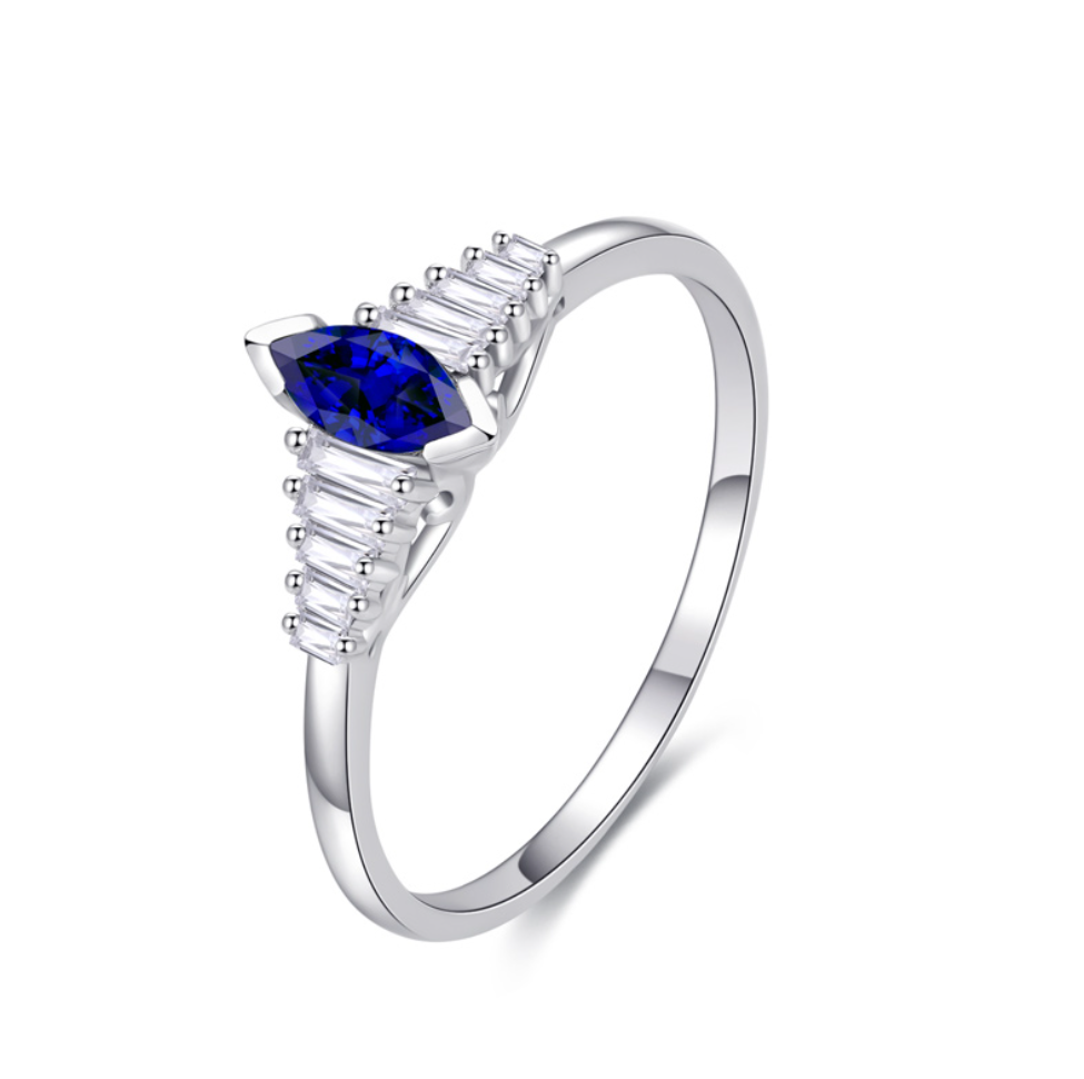 蓝宝石戒指女群镶钻戒轻奢欧美风