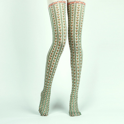 森系复古竖条纹花朵印花连裤袜