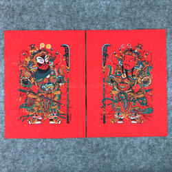 武强年画戳刀门神秦琼敬德手工拓印洒金红底宣纸传统门神传统年画