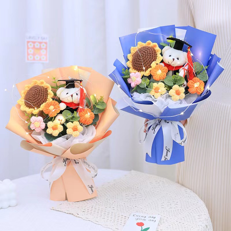 毕业礼物博士熊公仔 向日葵针织毛线花束拍照送同学纪念生日祝福