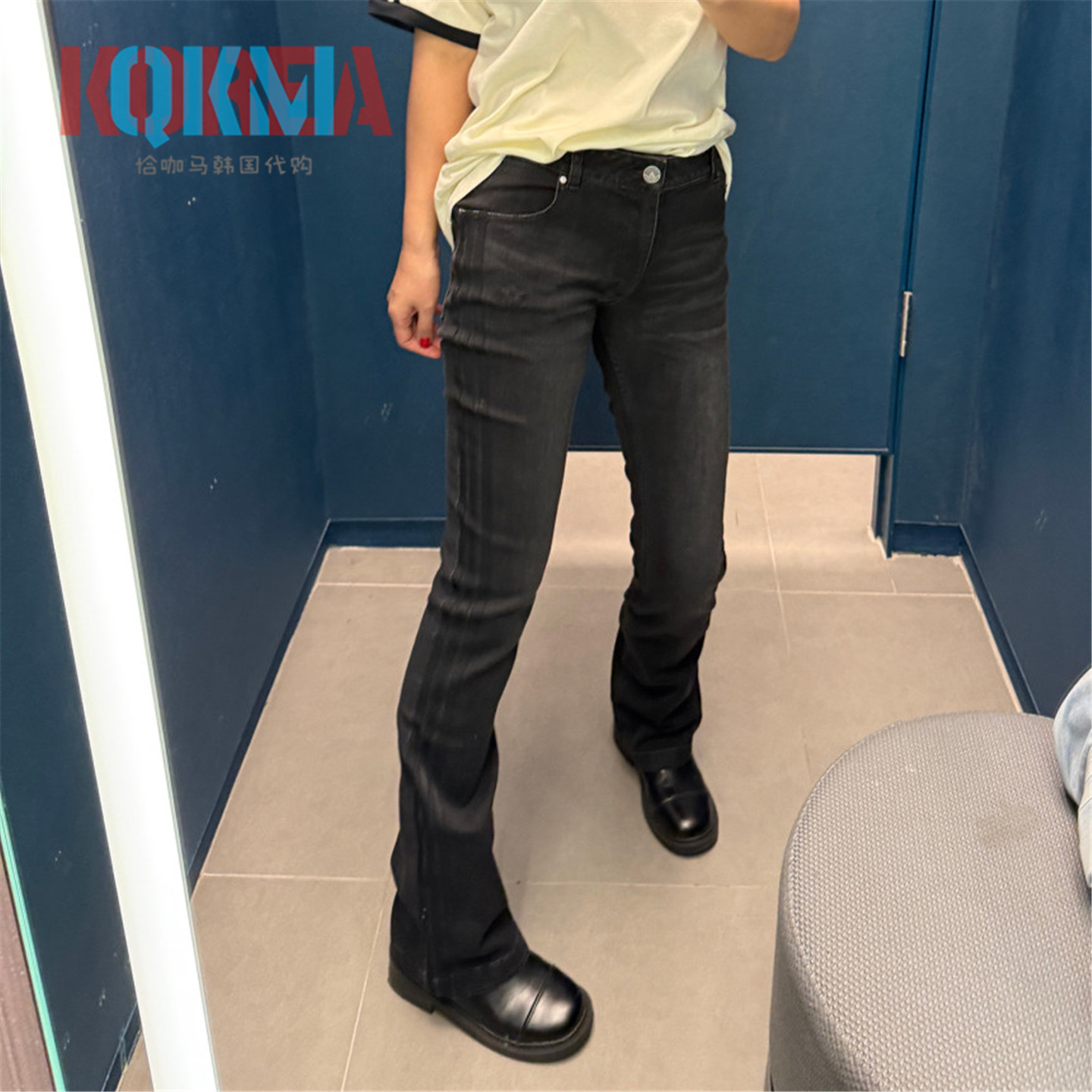 阿迪达斯三叶草女修身喇叭牛仔裤