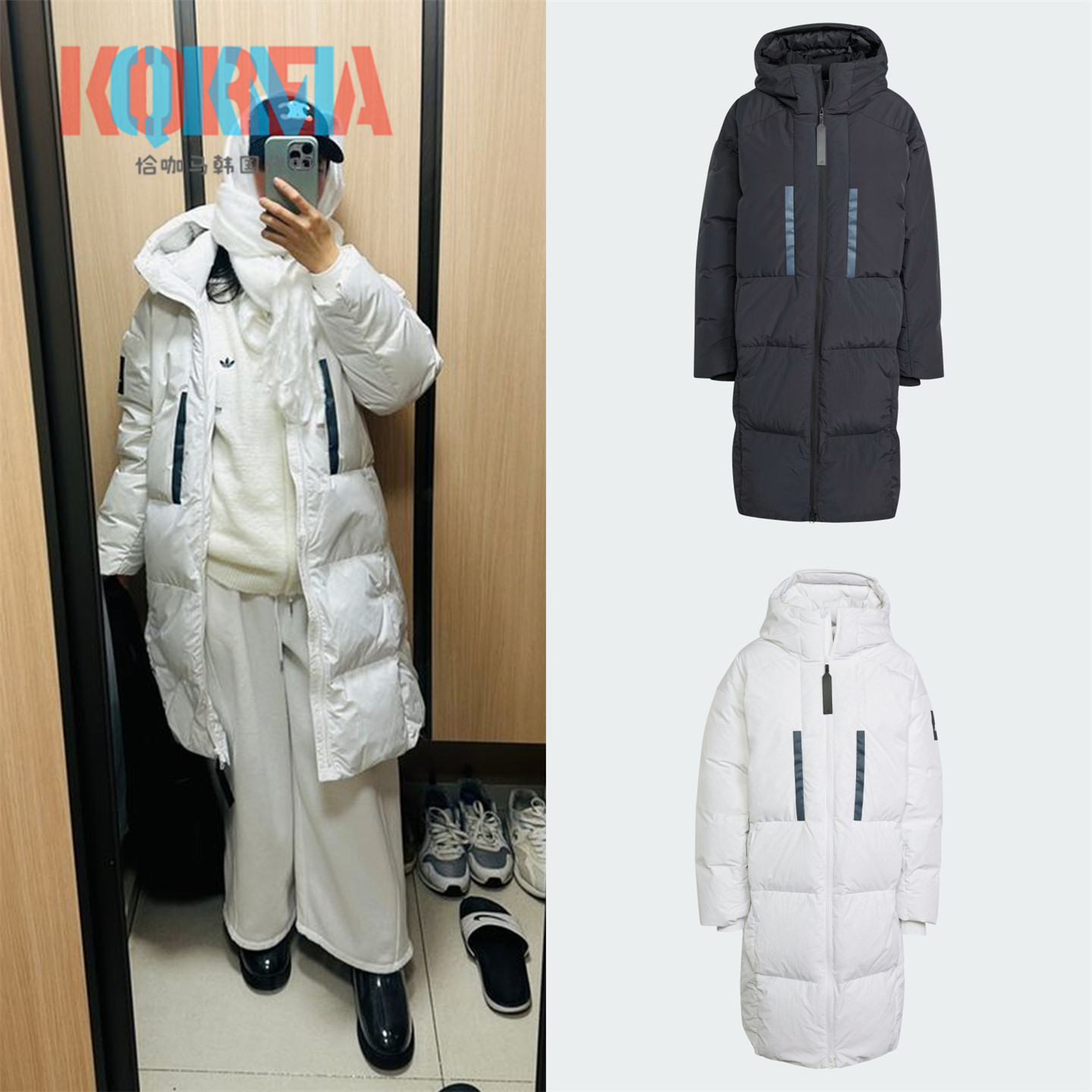 阿迪达斯休闲运动长款连帽羽绒服