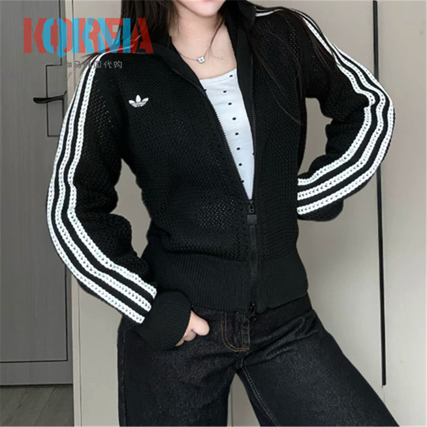Adidas女子复古镂空针织开衫外套
