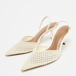 ZA尖头高跟凉鞋珍珠装饰细高跟穆勒鞋女米白色网眼凉鞋夏新款透气