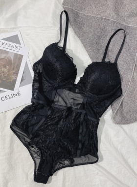 连体内衣内裤一体上托性感吊带蕾丝塑身绑带深V美背文胸黑色背心