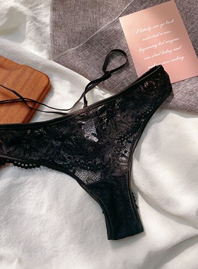 细带性感腰带内裤欧美低腰丁字裤诱人法式tback黑色女士底裤透明