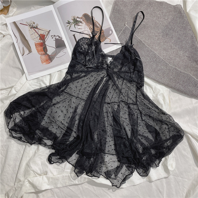 夏季性感吊带睡裙镂空透明短裙蕾丝睡衣大码火辣透视超薄网纱文胸