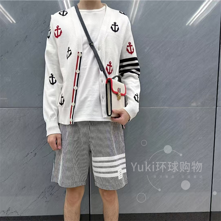汤姆春秋新款船锚刺绣tb条纹针织四道杠毛衣外套男女同款羊毛开衫