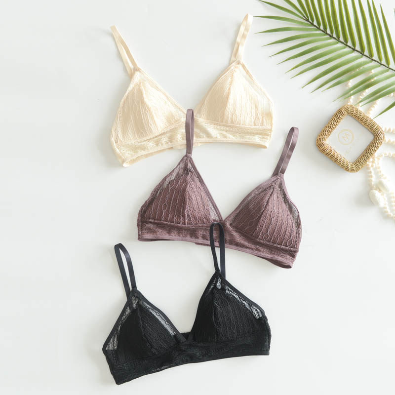 100%真丝法式椰壳蕾丝文胸无钢圈薄款bralette三角杯小胸性感内衣