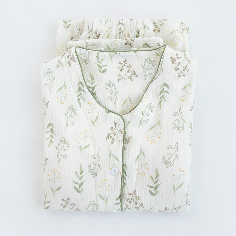 春夏V领带胸垫全棉水洗邹布纱布女睡衣长袖长裤套装纯棉秋家居服