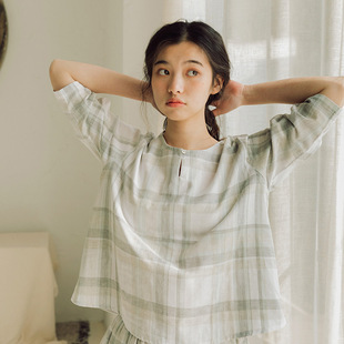 格子睡衣春秋全棉宽松休闲套装 春夏新品 家居服女士纯棉纱布七分袖