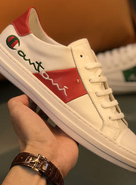 春季欧洲站男鞋欧货潮真皮刺绣小白鞋男青年板鞋英伦风休闲鞋白色