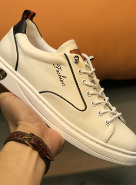 欧洲站松紧带男鞋白色真皮潮流板鞋男头层牛皮休闲鞋子英伦小白鞋