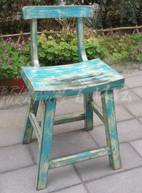 酒吧实木老榆木餐椅坐具手工蓝色做旧家具休闲吧椅餐桌椅子可定制