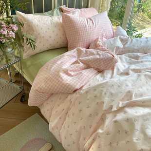 月光集 可爱ins风全棉水洗棉粉格被套枕套纯棉床单床笠 丽娜