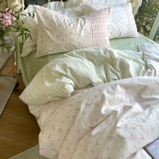 月光集 条纹拼接全棉水洗棉被套碎花枕套纯棉床单床笠单品 晚樱