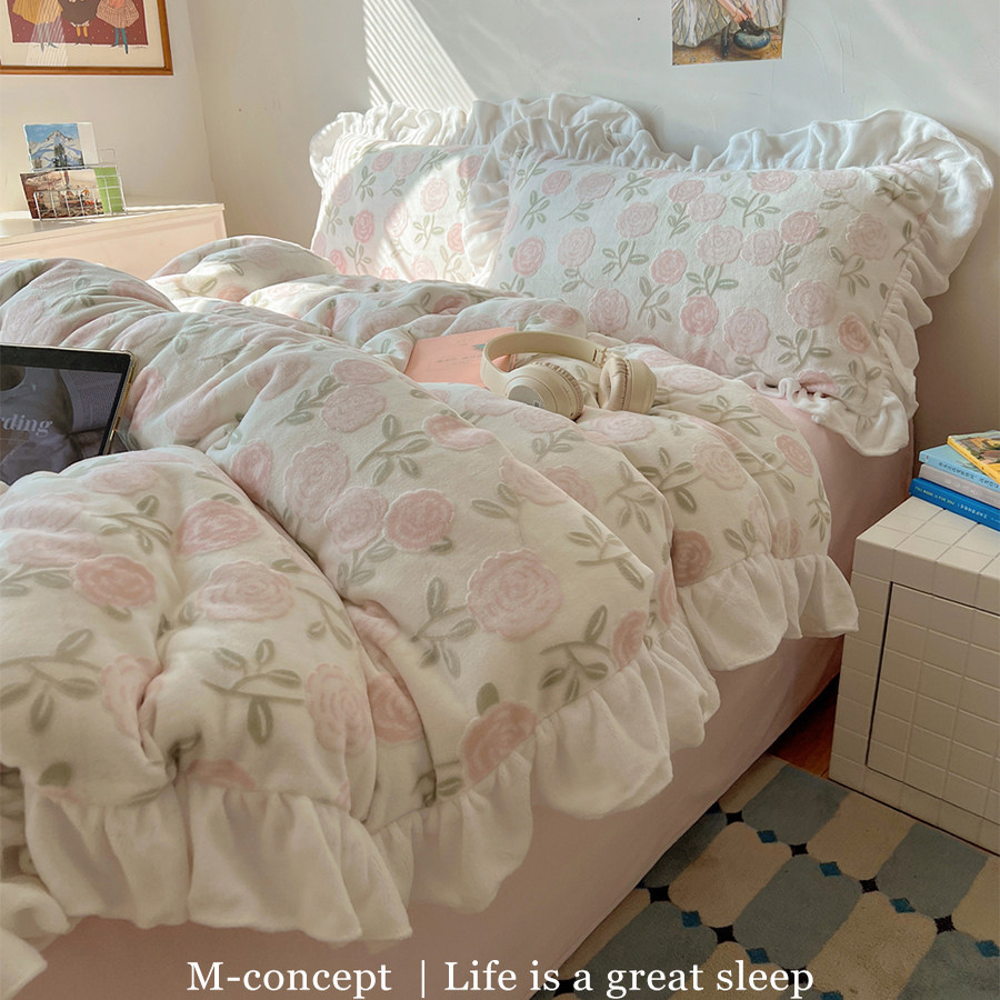 月光集【南法花园】A类雕花印花牛奶绒四件套韩系防静电套件