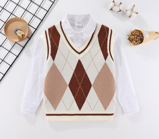 儿童针织女童马甲2026春秋毛线马甲男童学院风套头中大童马夹背心