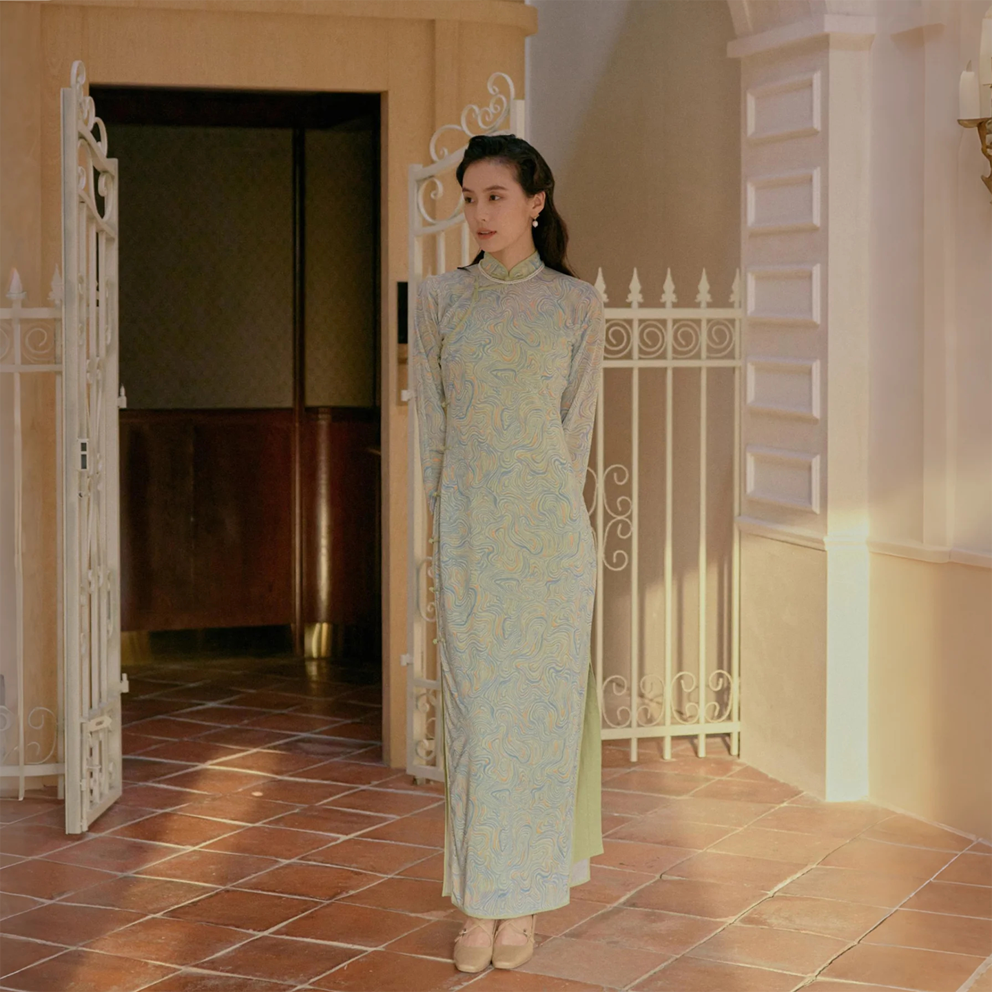 茉茉秋新品 九分连袖无省全开襟盘扣 复古日常网纱旗袍2件套 画沙